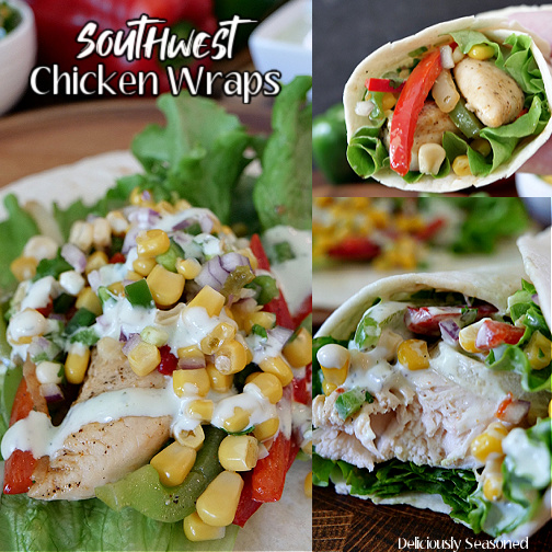 A 3 photo collage of Southwest Chicken Wraps and all the ingredients inside the wrap.