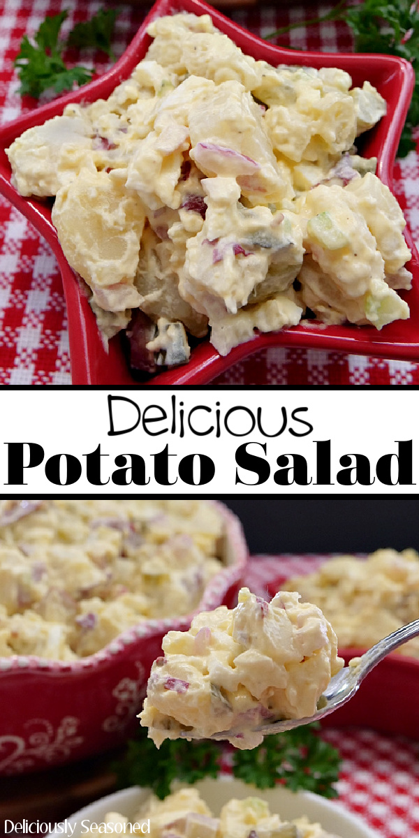 A double collage photo of potato salad in a red star bowl sitting on a red and white checkered placemat and the other photo of a spoonful of potato salad.
