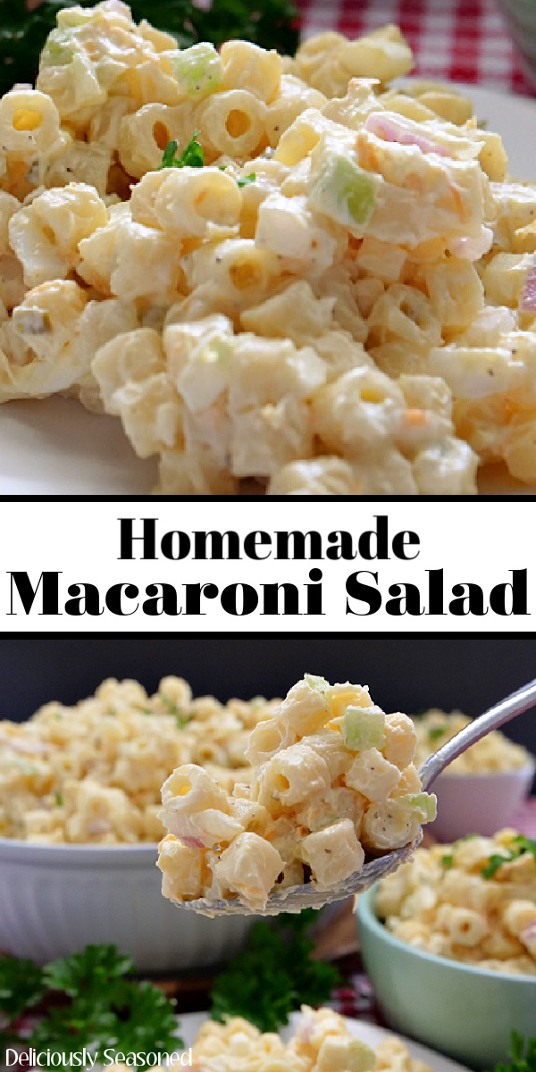 A double collage photo of macaroni salad with the title of the recipe in the center.