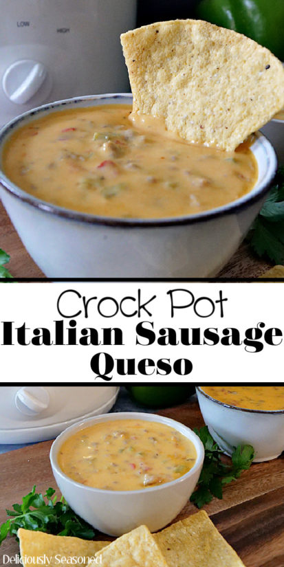 A double collage photo of a small grey bowl filled with queso and a tortilla chip place in the queso and another two bowls filled with queso, and the title of the recipe in the center of the photo.