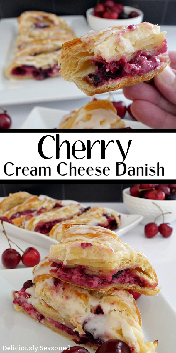 A double collage photo of Cherry Cream Cheese Danish slices on a white plate with the title of the recipe in the center of the photo.