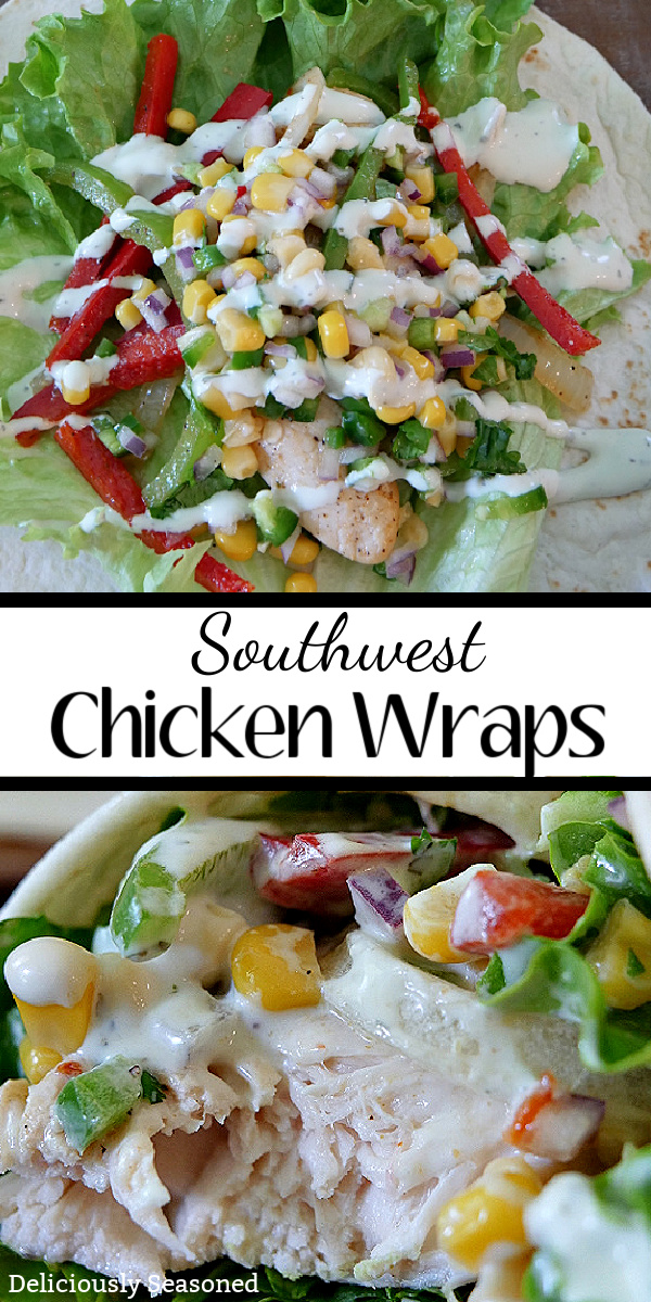 A double collage photo of Southwest Chicken Wraps showing the ingredients.