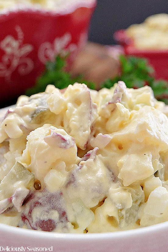 A super close up photo of a white bowl filled with potato salad.