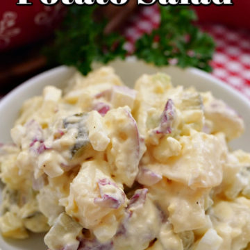 A white bow., sitting on a red and white checkered place mat, filled with a serving of potato salad.
