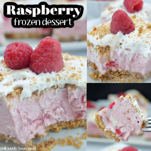 A 3 photo collage of frozen raspberry dessert on a white plate with the title of the recipe in the top left hand corner.