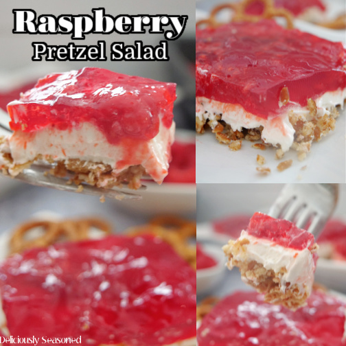 A 3 collage photo of raspberry pretzel salad on a white plate with the title of the recipe at the top left hand side.