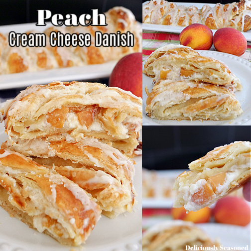 A 3 photo collage of Peach Cream Cheese Danish on a white plate with the title of the recipe at the top left of the photo.