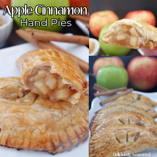 A 3 photo collage of apple hand pies on a white plate with cinnamon sticks and apples in the background.