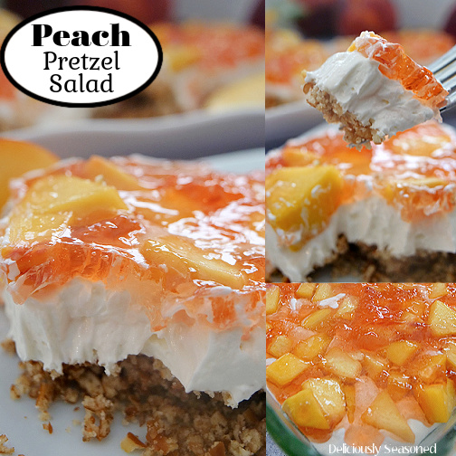 A 3 photo collage of peach pretzel salad on a white plate, all with bites taken out of it.