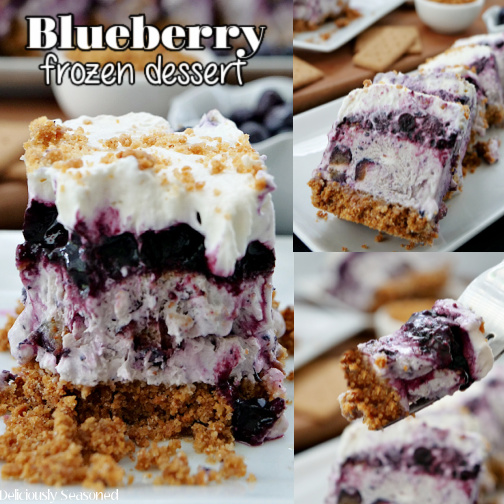 A 3 collage photo of Frozen Blueberry Dessert.