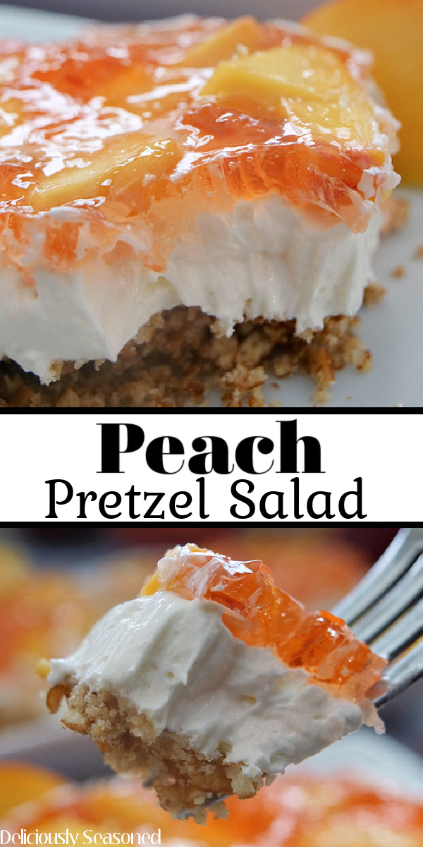 A 2 photo collage of peach pretzel salad on a white plate, with a layer of crust, whipped filling, and jello topping. 
