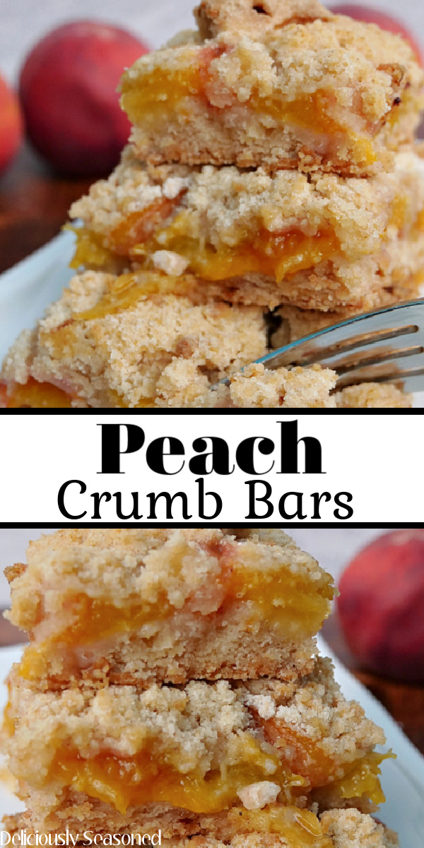 A double collage photo of peach crumb bars with the title of the recipe in the center of the two photos.