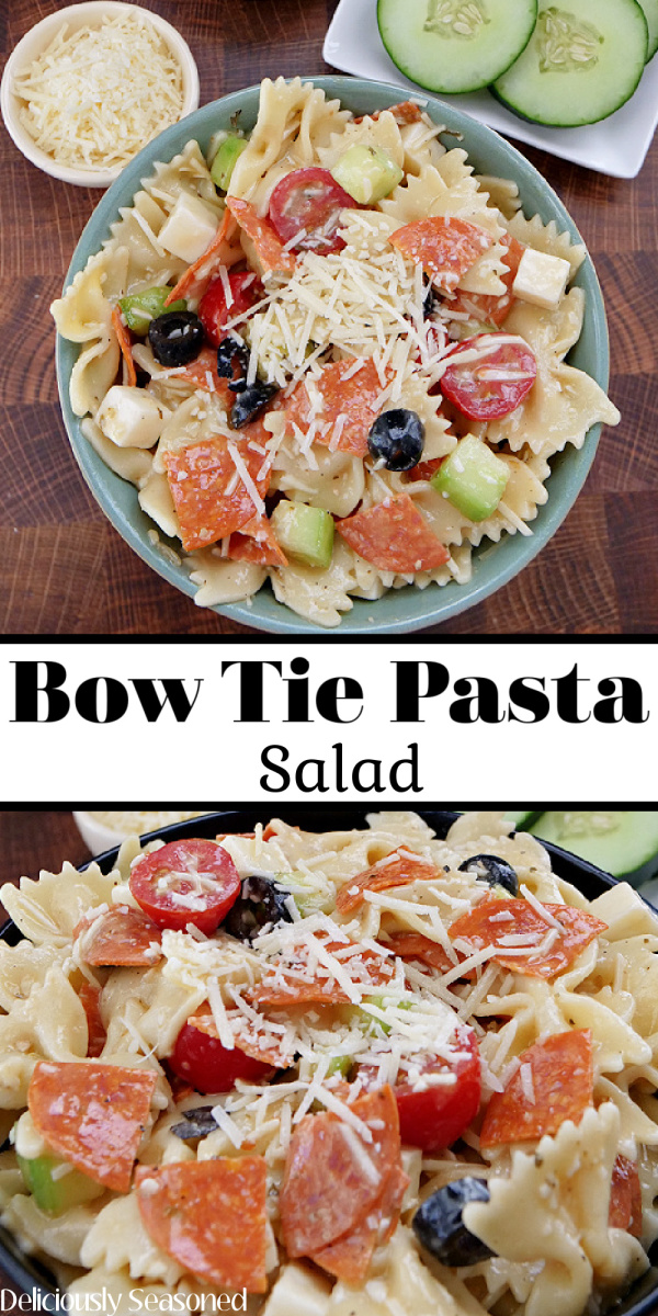 A double photo collage with bow tie pasta salad in a greenish blue bowl and a super close up of the pasta salad with the title of the recipe in the center of the photo.