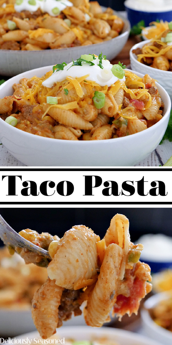 A double collage photo of taco pasta in a white bowl, the title in between the two photos and the bottom photo is a fork full of the taco pasta.
