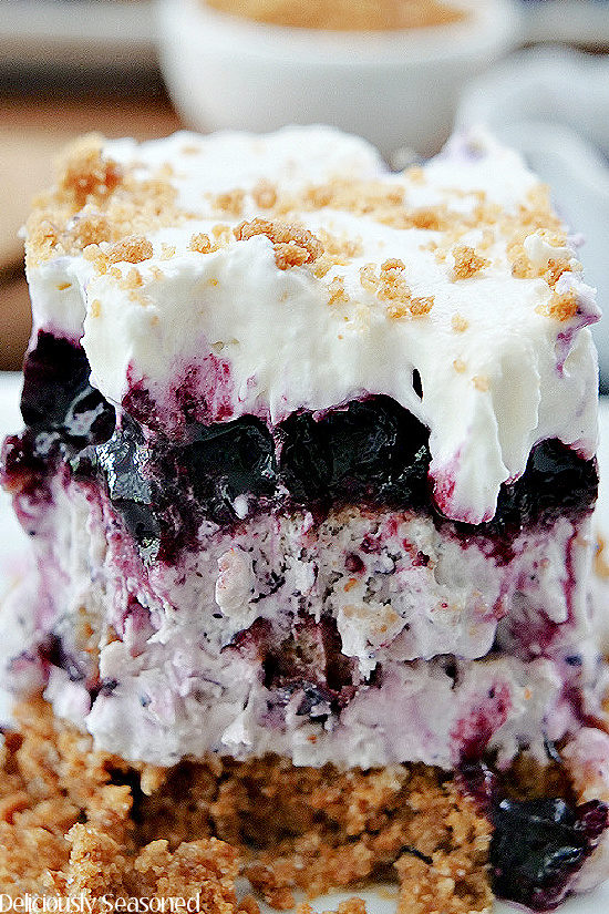 A super close up photo of a piece of frozen blueberry dessert showing the different layers of the dessert.