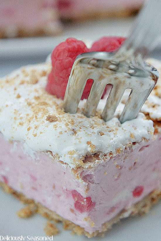 A super close up photo of a slice of frozen raspberry dessert with a fork being inserted in the corner of the slice.