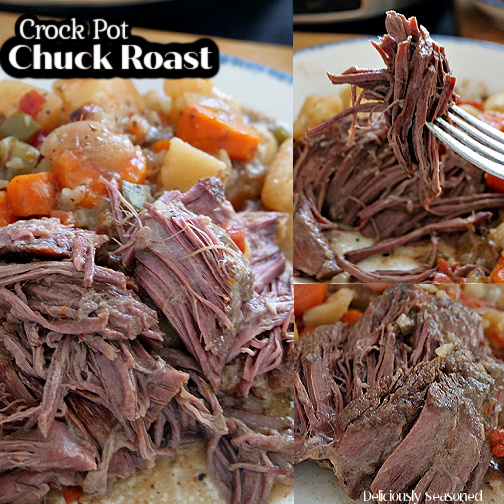 A three photo collage of crock pot chuck roast on a white plate with blue trim.