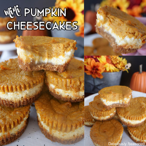 A three photo collage of mini pumpkin cheesecakes stacked on a white plate.