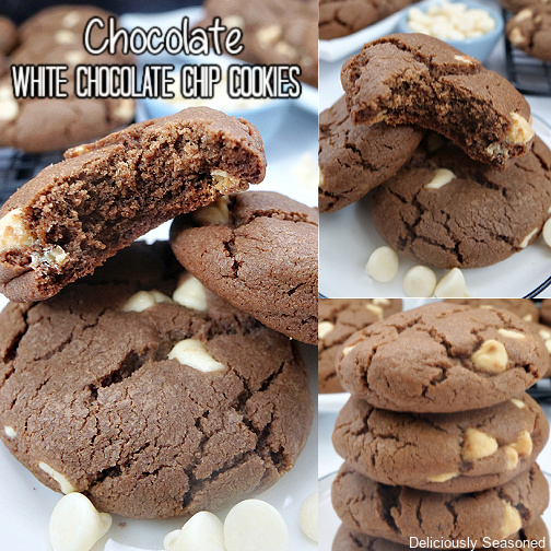 A three photo collage of chocolate cookies with white chocolate chips stacked on a white plate.