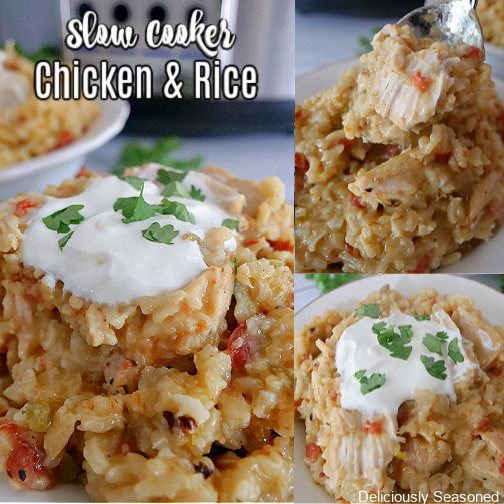 A three photo collage of slow cooker chicken and rice in a white bowl, all topped with a dollop of sour cream and sprinkled with parsley. Also a photo of a spoonful of slow cooker chicken and rice.