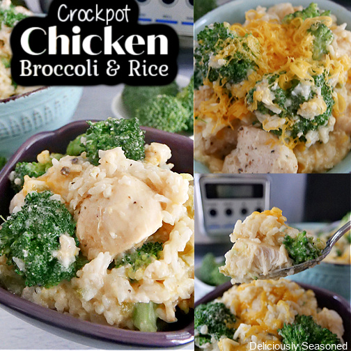 A three photo collage of crockpot chicken broccoli and rice with the title of the recipe at the top left of the photo.