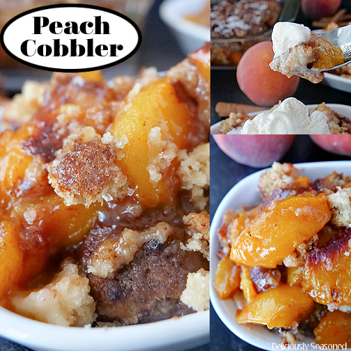 A 3 collage photo of peach cobbler in a white bowl.