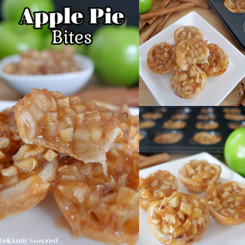 A three photo collage of apple pie bites on a white plate with the title of the recipe at the top right.