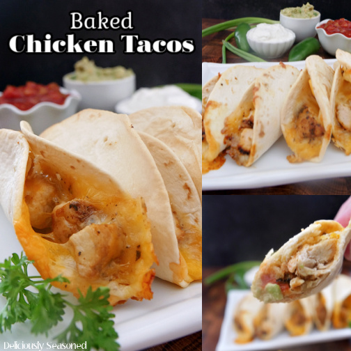 A three photo collage photo of baked chicken tacos on a white plate.