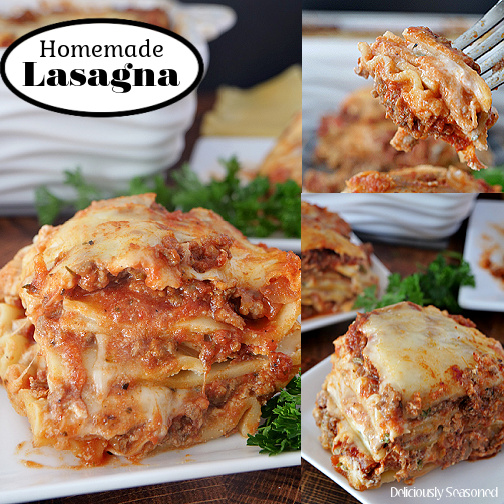 A three collage photo of a serving of lasagna on a white plate and one photo showing a fork with a bite of lasagna on it.
