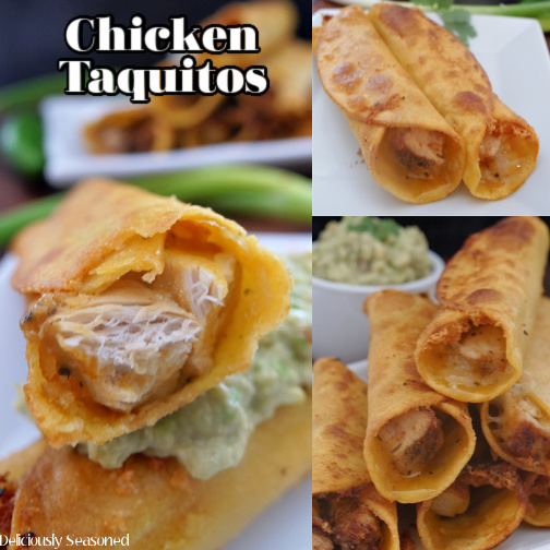 A 3 photo collage of fried chicken taquitos on a white plate.