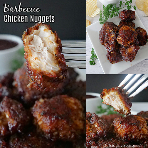 A three collage photo of barbecue chicken nuggets on a white plate.