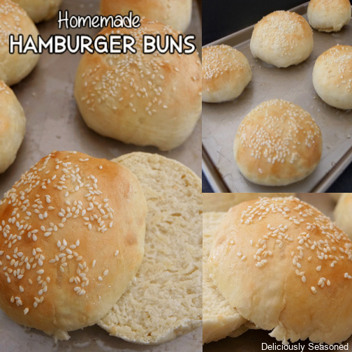 A three photo collage of homemade hamburger buns sitting on a baking sheet.