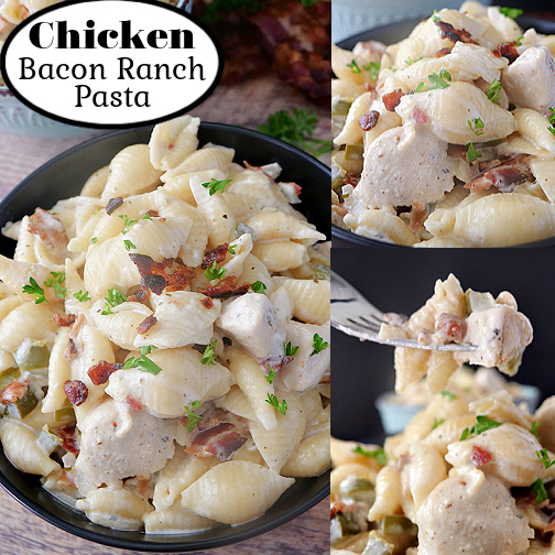 A 3 photo collage with a black bowl filled with chicken bacon ranch pasta and the title of the recipe up in the top left corner.