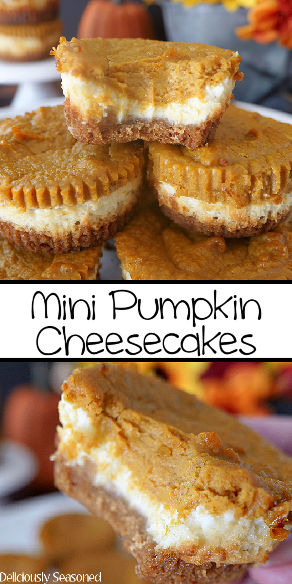 A two photo collage of mini pumpkin cheesecakes on a white plate with a bite taken out of one and another pic of a closeup of a mini cheesecake.