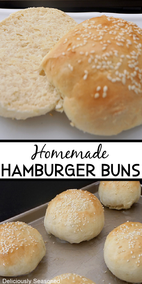 A double pin picture of homemade hamburger buns on a baking sheet.