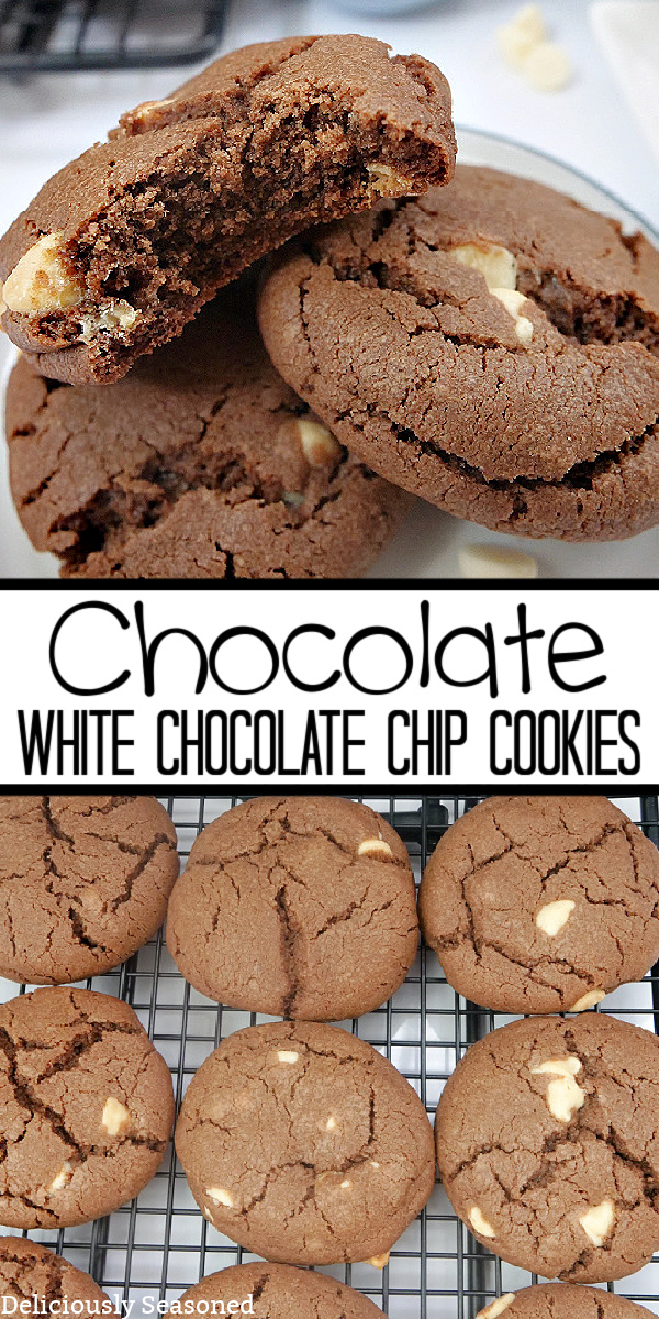 A double photo pin of chocolate cookies with white chocolate chips stacked on top of one another on a white plate and another picture of cookies sitting on a cooling rack.