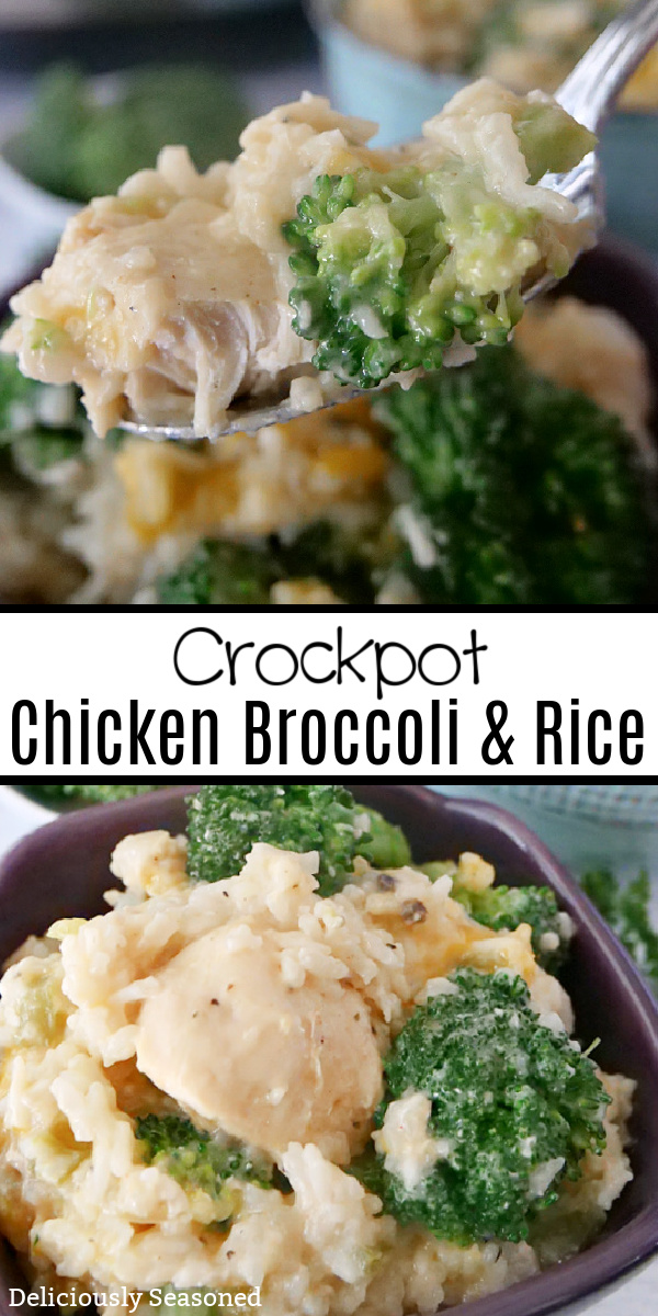 A double collate photo of a spoonful of chicken broccoli and rice and a purple bowl filled with a serving. And the title is in between the two photos.