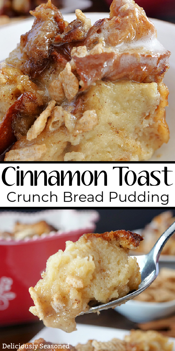 A double collage photo of cinnamon toast crunch bread pudding with a sweet glaze, sitting on a white plate