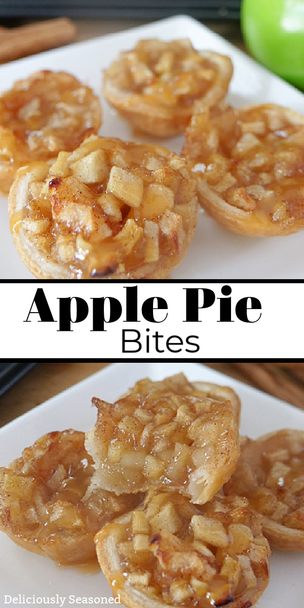 A double collage photo of apple pie bites on a white plate with the title of the recipe in the middle of the photo.