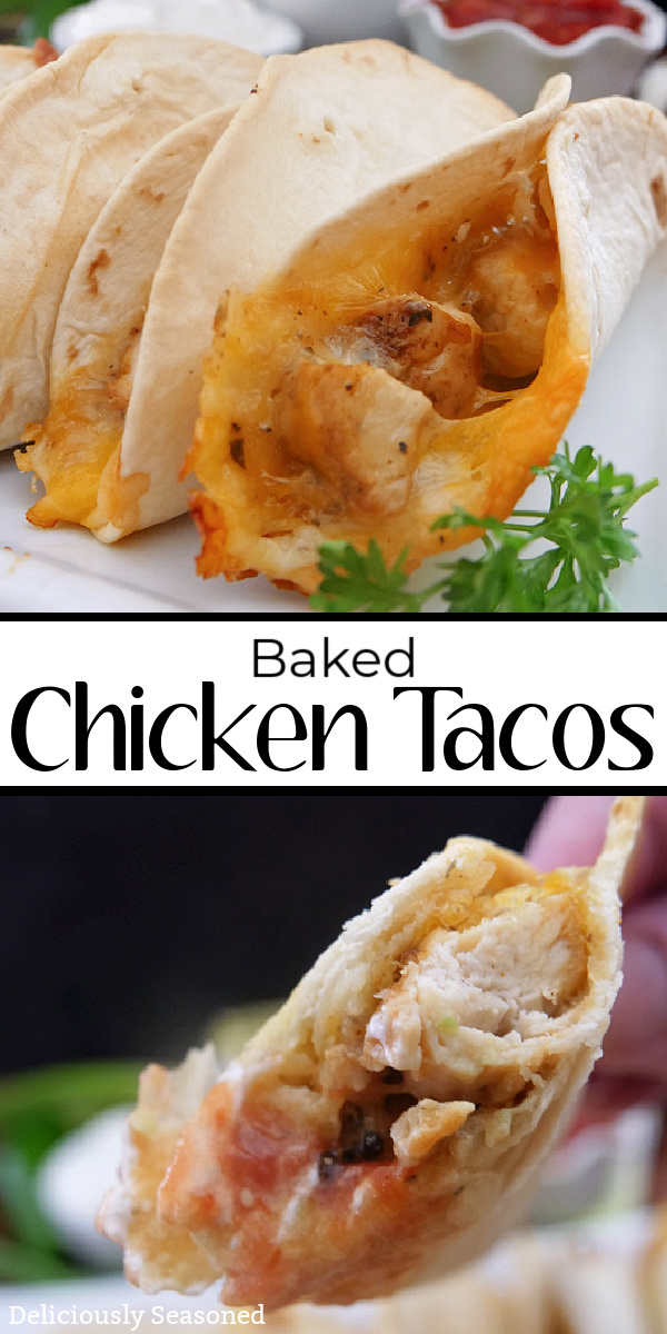 A double collage photo of baked chicken tacos on a white plate with the title of the recipe in the center of the photo.