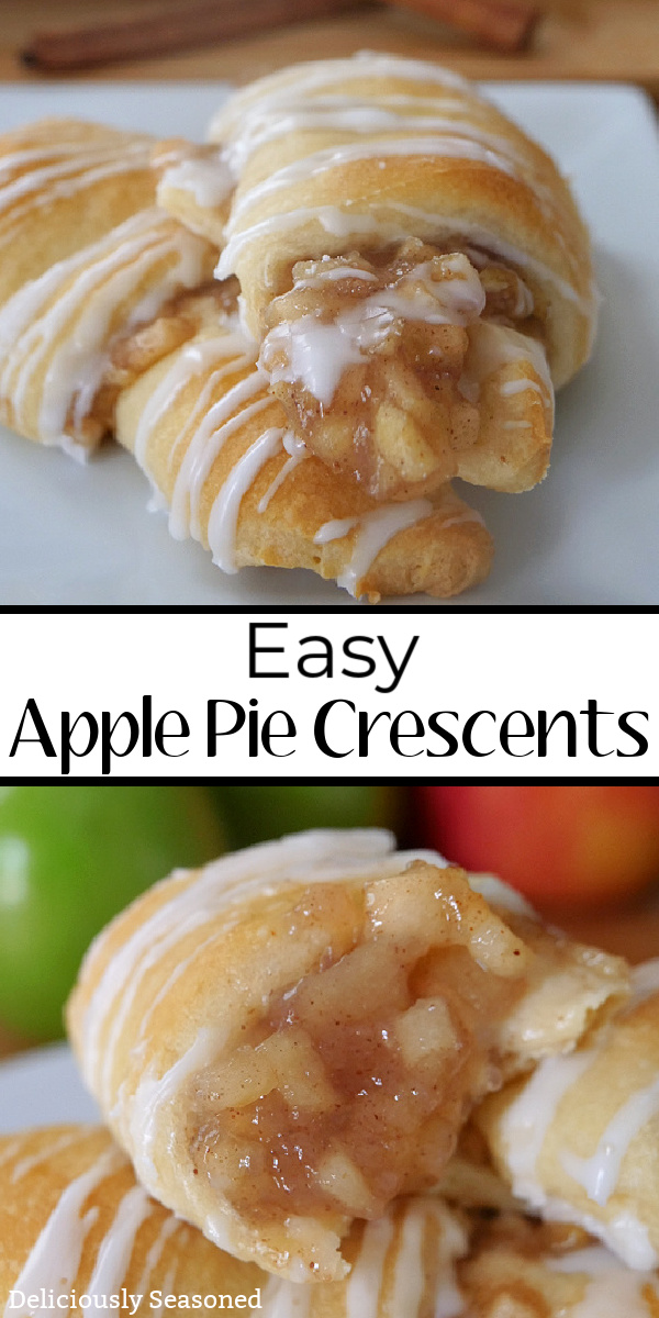 A double collage photo of apple pie crescents on a white plate with the title of the recipe in the center.