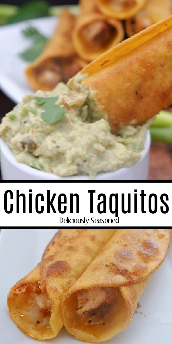 A double collage photo of chicken taquitos on a white plate with the title of the recipe in the center of the photo.