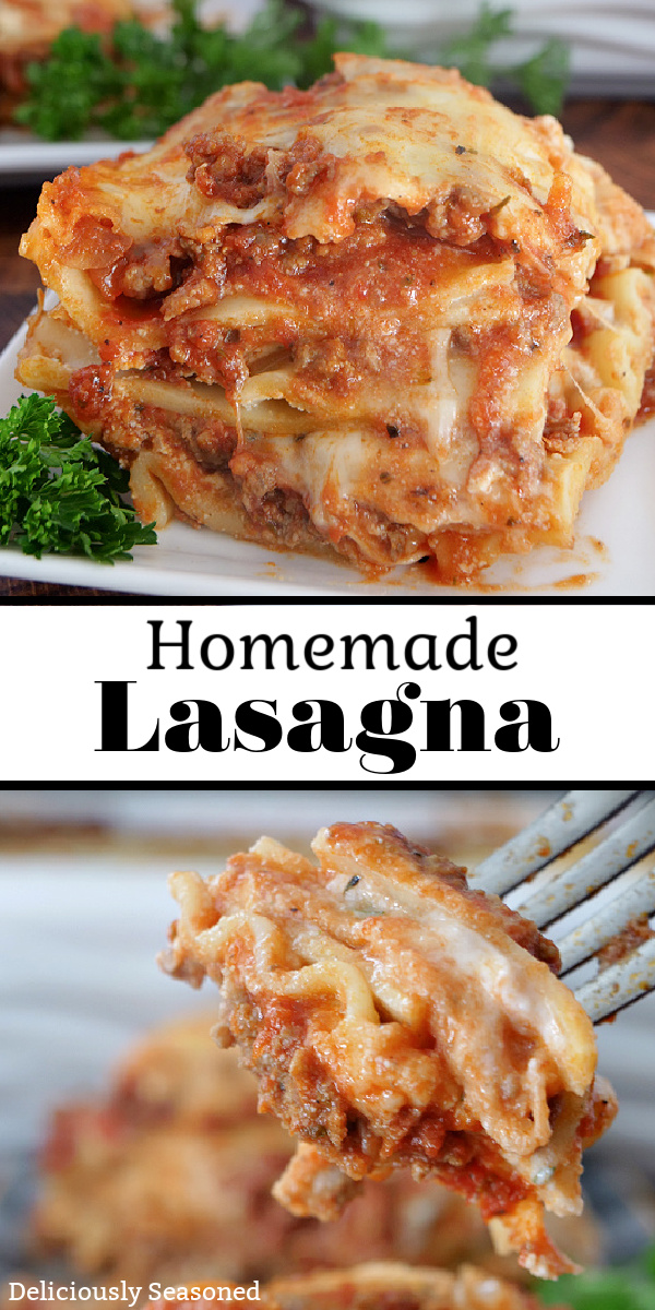 A double collage photo of a serving of lasagna on a white plate and a fork holding up a bite of lasagna with the title of the recipe in the center between both photos.