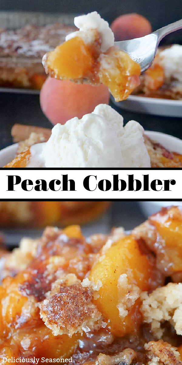A double pin of peach cobbler with a large bite on a spoon, and a closeup photo of peach cobbler with the crumble topping.