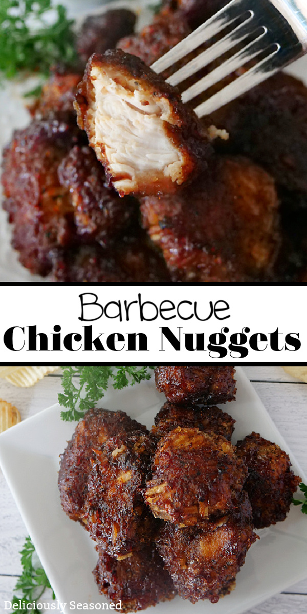 A double collage photo of Barbecue Chicken Nuggets with the title of the recipe in the center between the two photos.