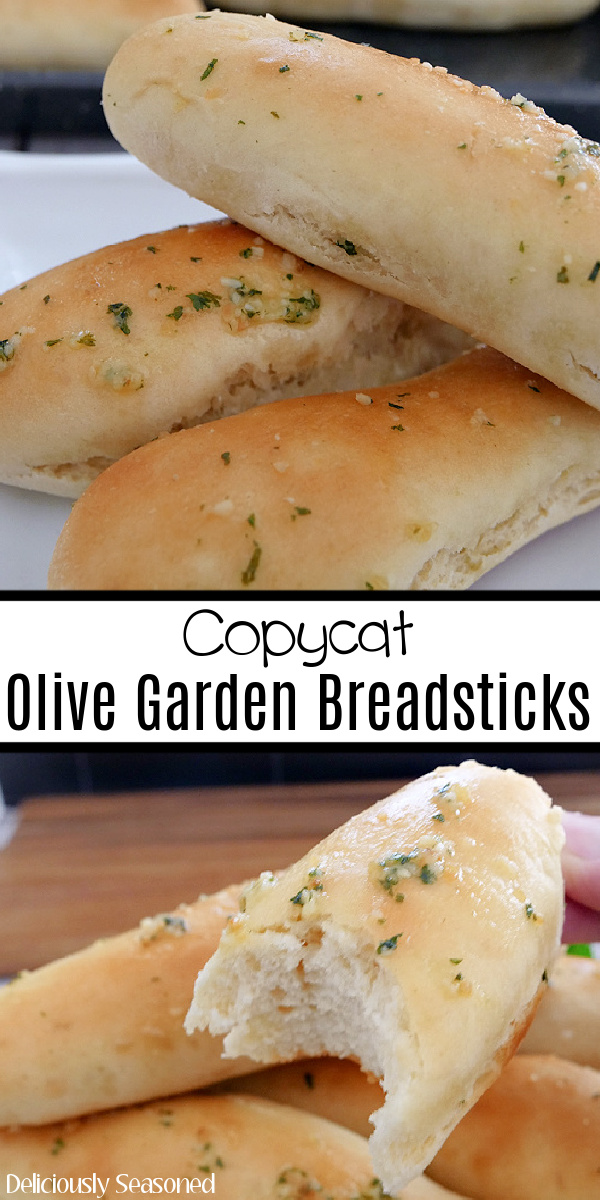 A double collage photo of Copycat Olive Garden Breadsticks with the title of the recipe in the center of the photo.