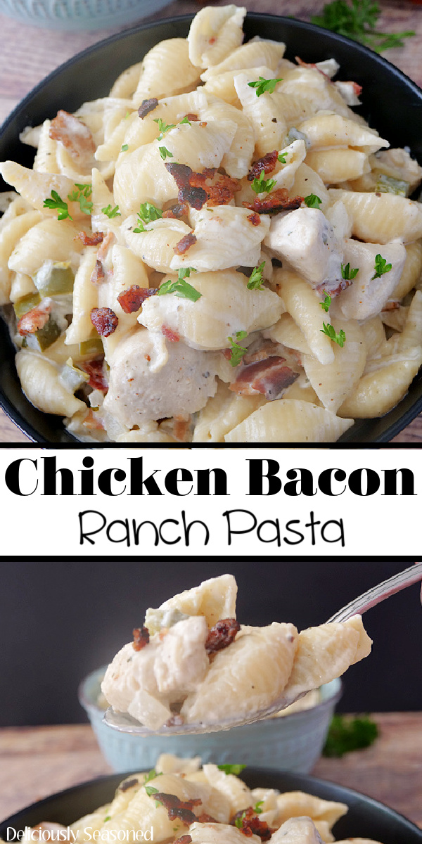 A double collage photo of chicken bacon ranch pasta with the title of the recipe in the center between the two photos.