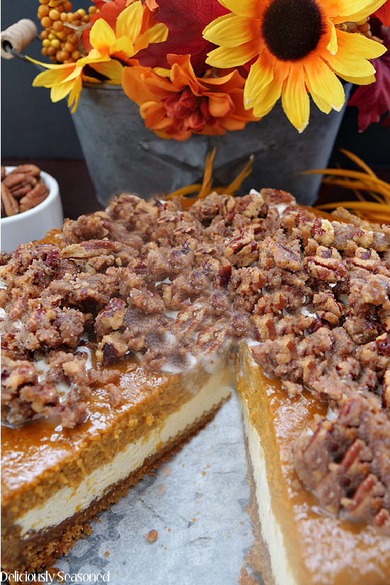 A whole pumpkin cheesecake with candied pecans on top and a slice taken out of it.