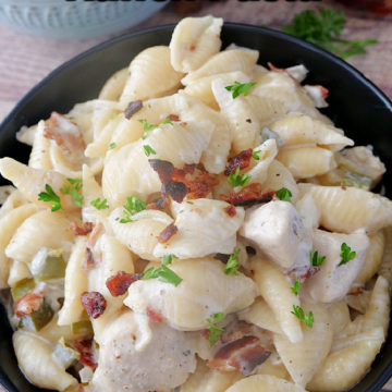 A bowl filled with chicken bacon ranch pasta.