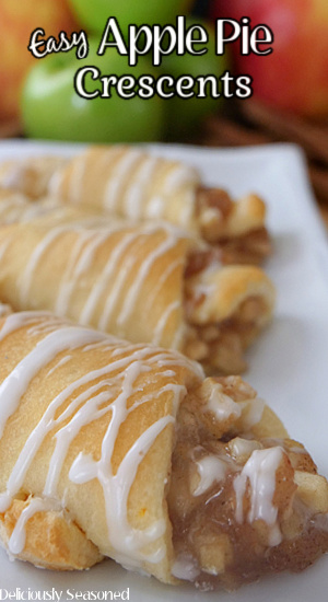 Three easy apple pie crescents on a white plate with the title of the recipe at the top.